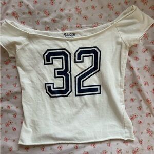 Brandy Melville Cream Off-Shoulder Tee with Navy Print